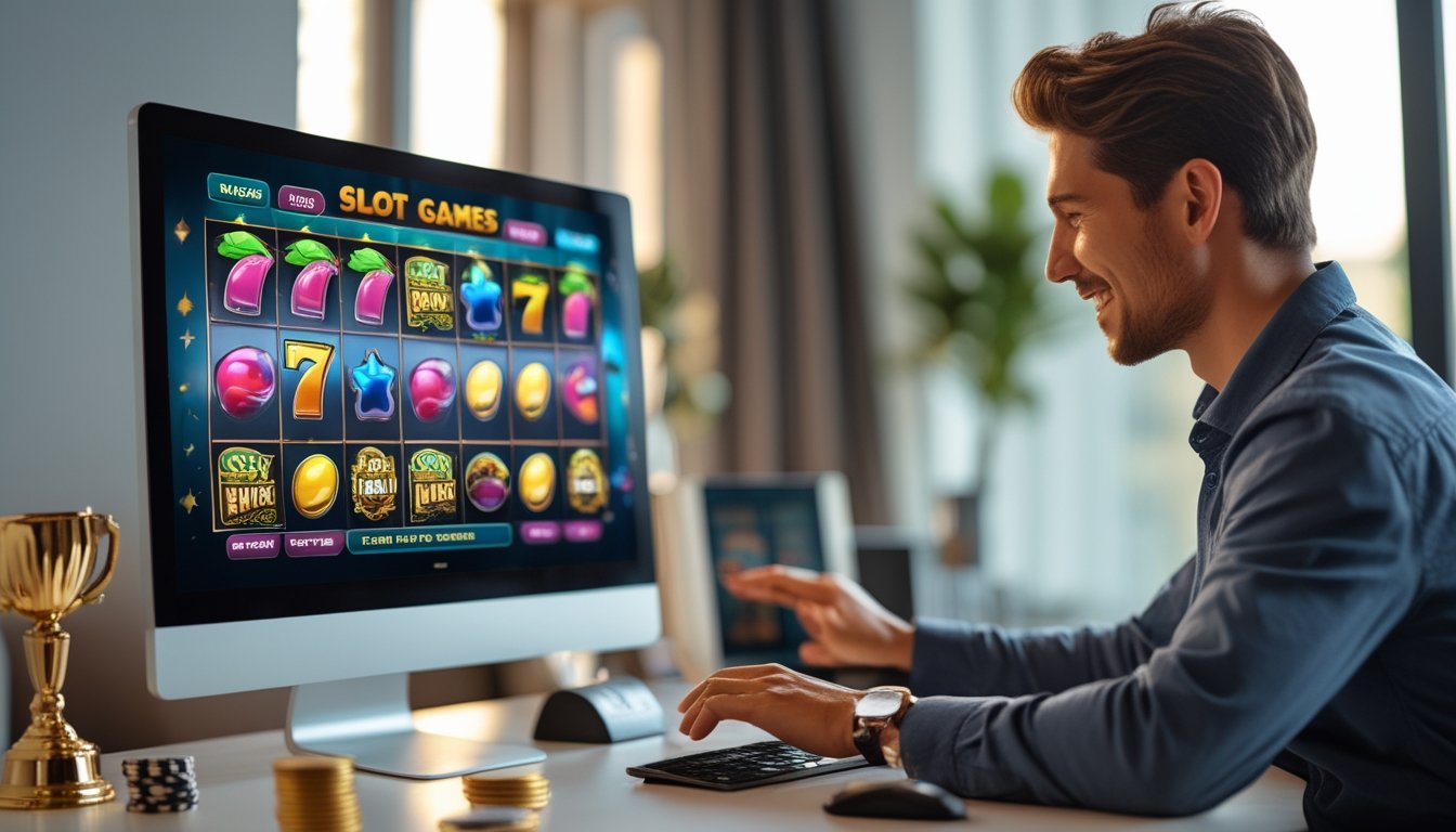 Seseorang menggunakan komputer dengan layar menampilkan permainan slot online yang berwarna-warni di sebuah meja kerja yang rapi.