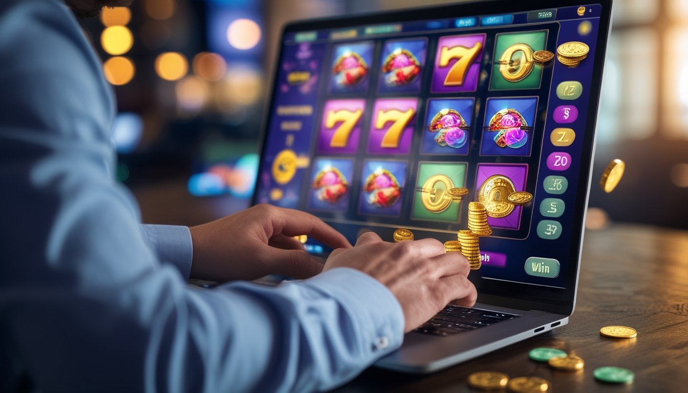 Seorang pria menggunakan laptop dengan layar menampilkan permainan slot online yang penuh warna dan koin yang keluar dari layar, menunjukkan suasana kemenangan.