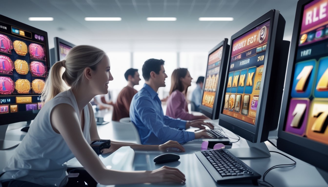 Beberapa orang sedang bermain permainan slot online di depan komputer dengan ekspresi fokus dan senang di ruangan yang terang dan nyaman.