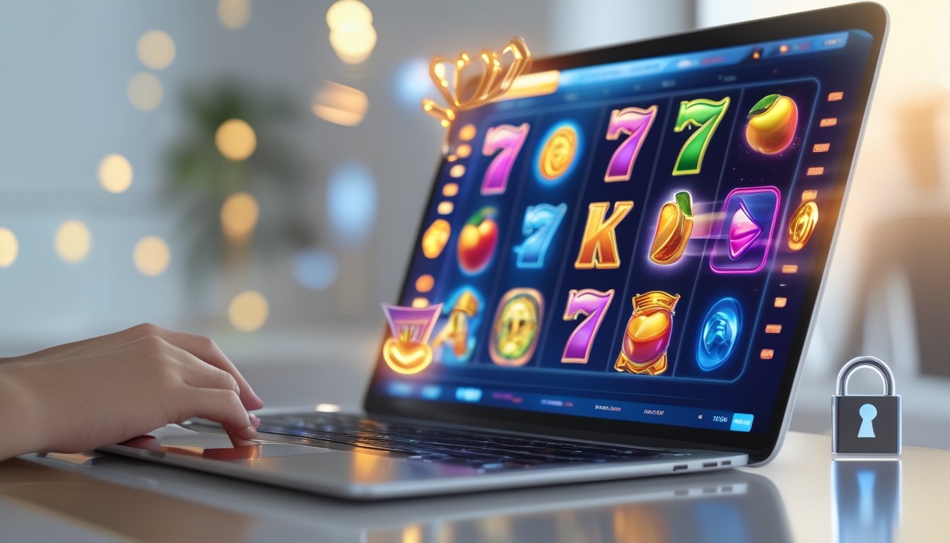 Sebuah komputer menampilkan permainan slot online dengan simbol warna-warni dan ikon keamanan di sekitarnya.