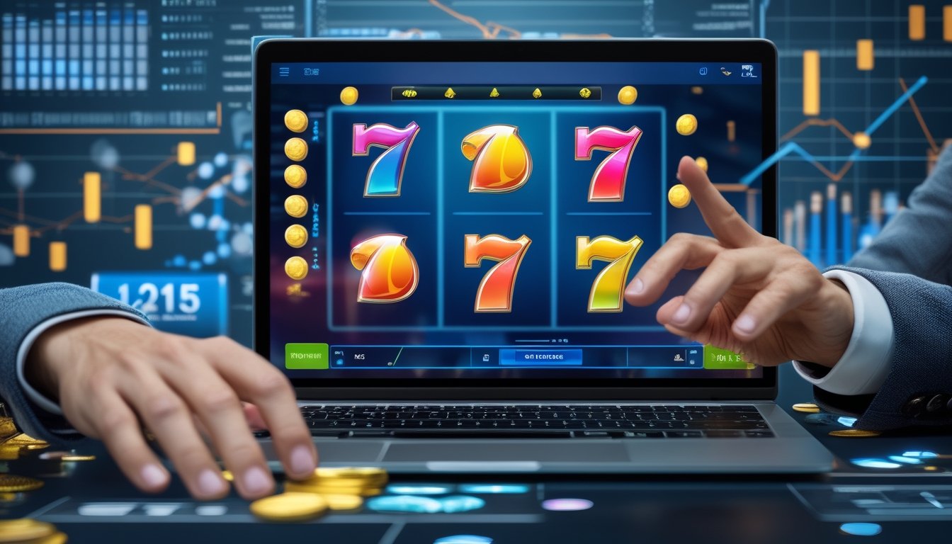 Seseorang menggunakan laptop dengan layar menampilkan permainan slot online berwarna-warni, terlihat fokus dan bersemangat di ruang kerja yang rapi.