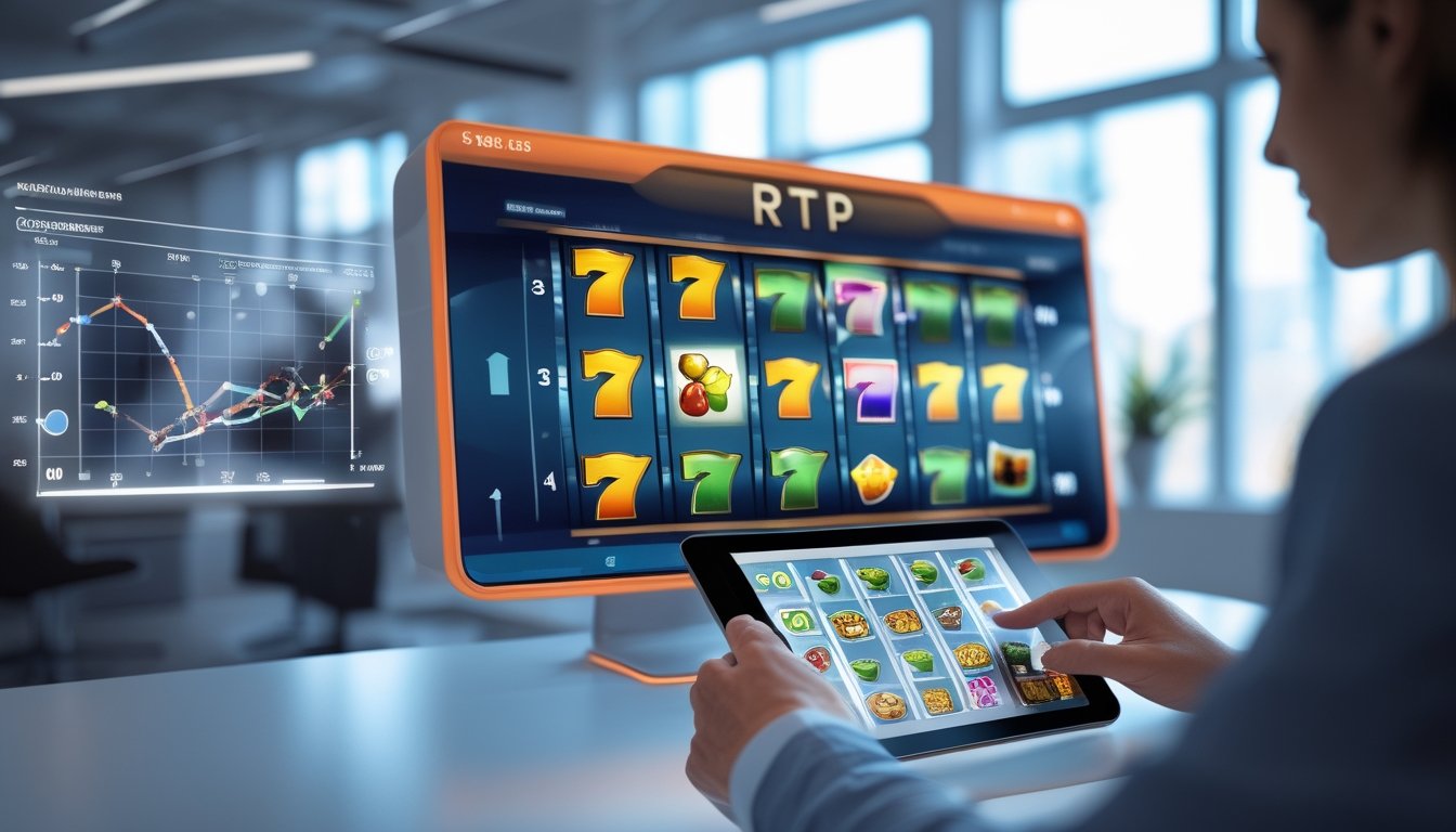 Seorang pria menggunakan perangkat layar sentuh dengan tampilan mesin slot dan grafik data di latar belakang di dalam ruangan kantor yang terang.