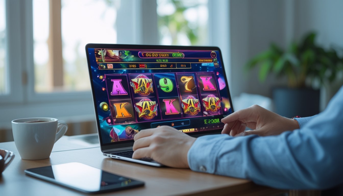 Seseorang sedang bermain permainan slot online di laptop di ruang kerja rumah yang terang dengan suasana santai dan fokus.