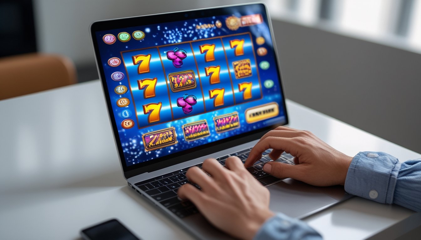 Seseorang menggunakan komputer dengan permainan slot online yang sedang berjalan di layar.