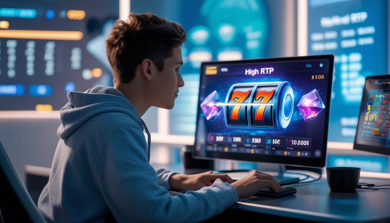 Seorang pemain pemula sedang duduk di depan laptop yang menampilkan permainan slot online dengan suasana ruangan yang nyaman dan pencahayaan lembut.