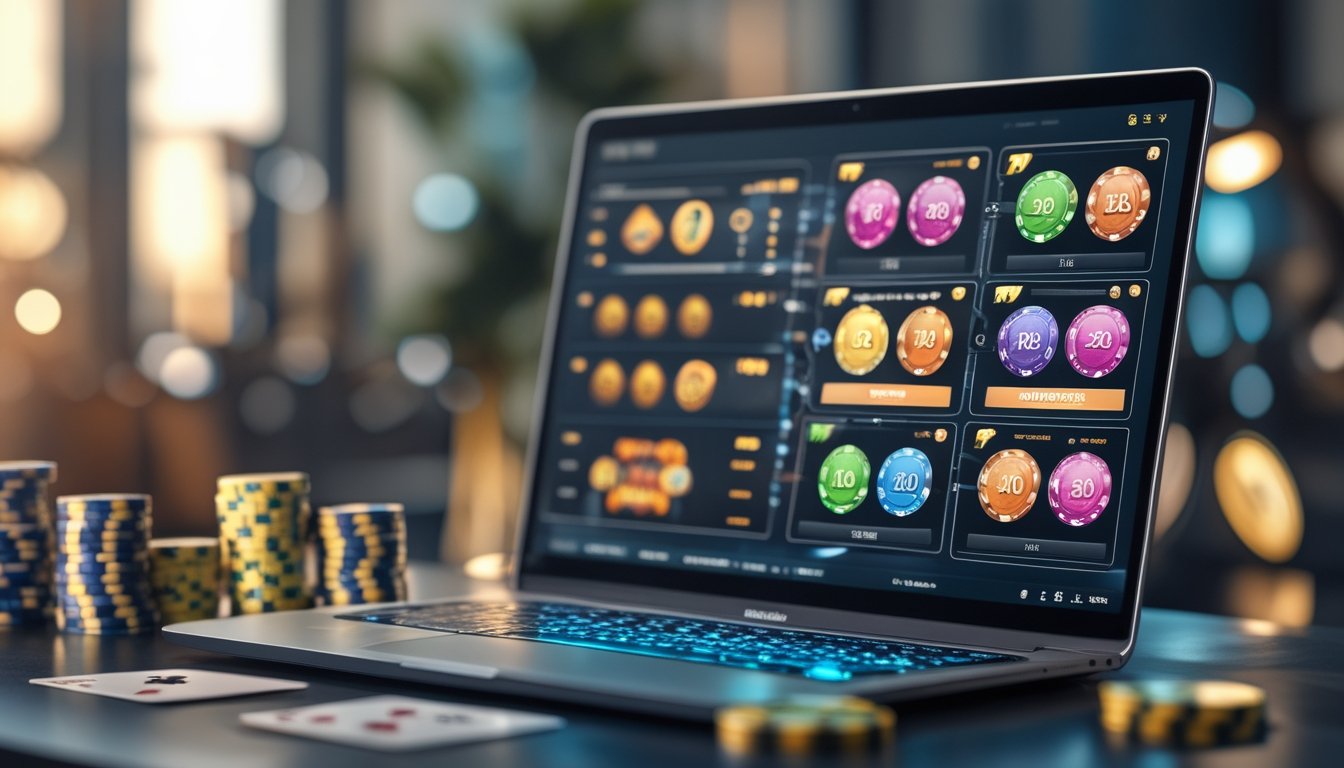 Seorang pengguna laptop dengan layar menampilkan ikon permainan slot berwarna-warni dan grafik RTP, dikelilingi oleh chip poker dan kartu bermain di atas meja.