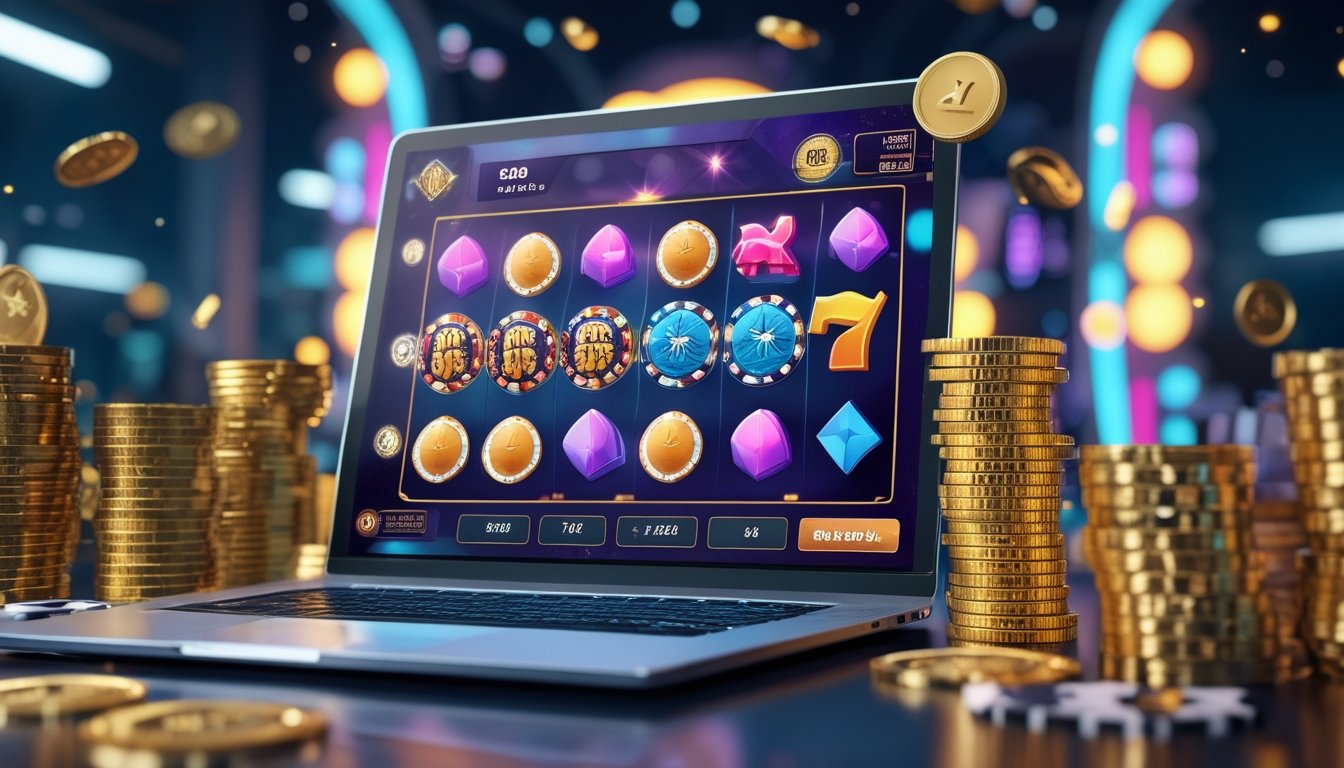 Seseorang menggunakan komputer dengan layar menampilkan permainan slot online dengan simbol bonus dan koin emas di sekitarnya.