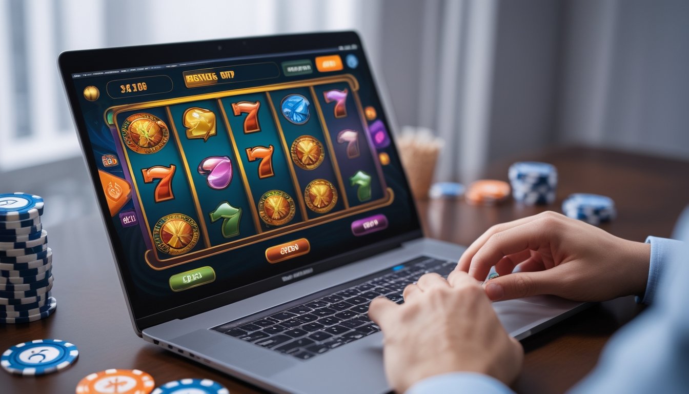 Seseorang menggunakan laptop dengan tampilan permainan slot online berwarna-warni, menunjukkan interaksi untuk klaim bonus dan putaran gratis.