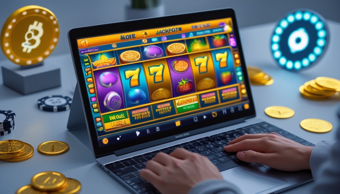 Seorang pengguna sedang bermain permainan slot online di komputer dengan layar menampilkan gulungan berwarna-warni dan koin emas di sekitarnya.
