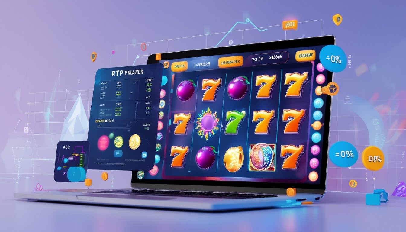 Sebuah layar komputer menampilkan mesin slot online dengan simbol warna-warni dan grafik statistik di sekitarnya yang menunjukkan peluang menang.