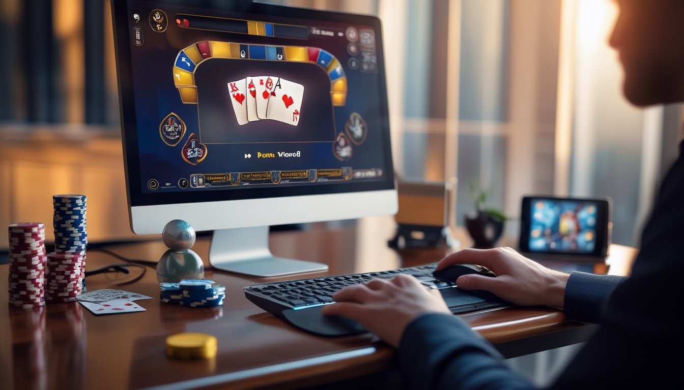 Suasana modern dengan komputer menampilkan permainan poker online, tumpukan chip poker, kartu bermain, dan tangan seseorang yang sedang menggunakan mouse dan keyboard.