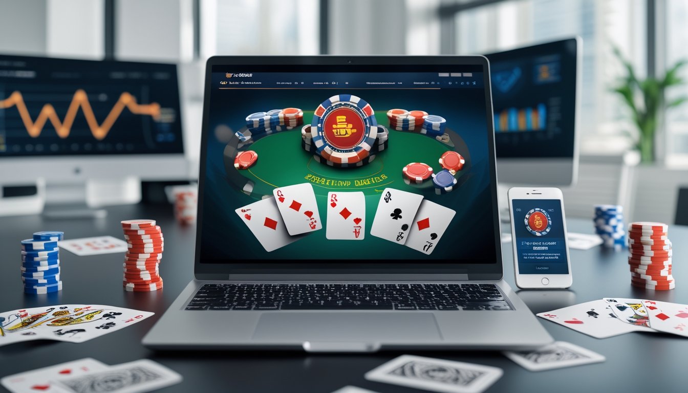 Seorang pengguna duduk di depan komputer dengan layar menampilkan permainan poker online, dikelilingi oleh chip poker dan kartu, dengan ponsel yang menunjukkan notifikasi bonus cashback.