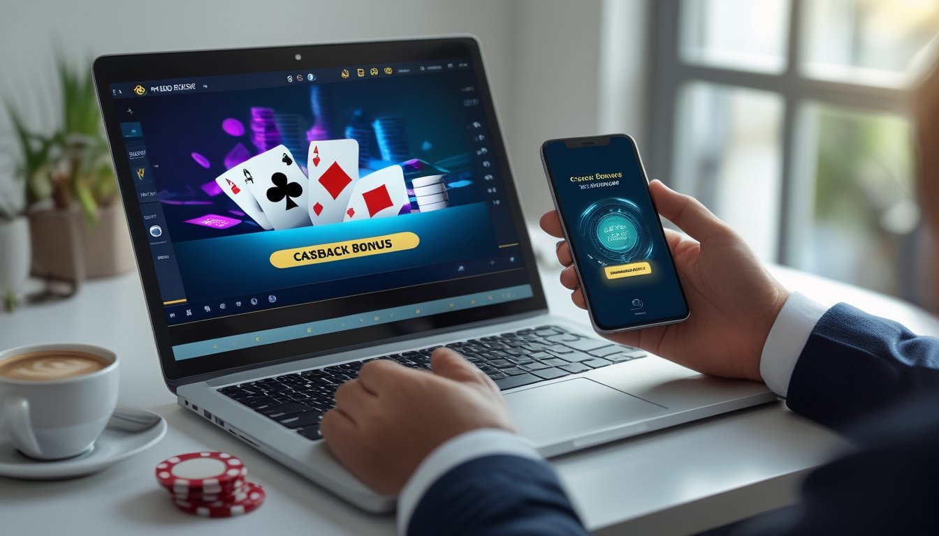 Sebuah meja kerja dengan laptop yang menampilkan permainan poker online dan tangan seseorang memegang chip poker serta menggunakan ponsel yang menunjukkan notifikasi bonus cashback.