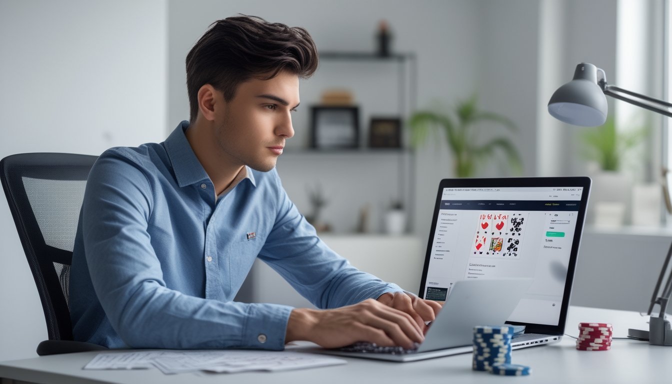 Seorang pria muda duduk di meja dengan laptop dan kartu poker, tampak fokus memeriksa dokumen di ruang kerja yang terang dan rapi.