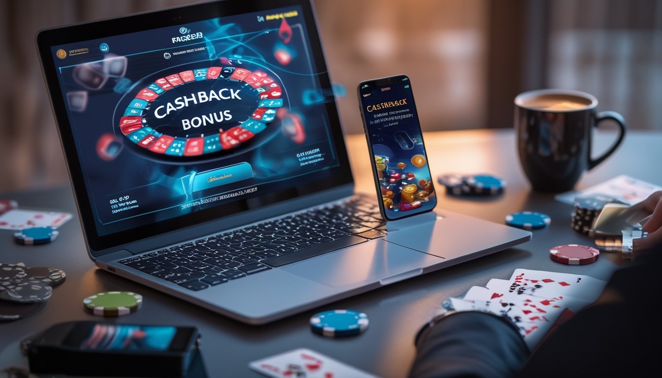 Seorang pemain poker online dengan laptop dan ponsel di meja, menampilkan chip poker dan kartu bermain.