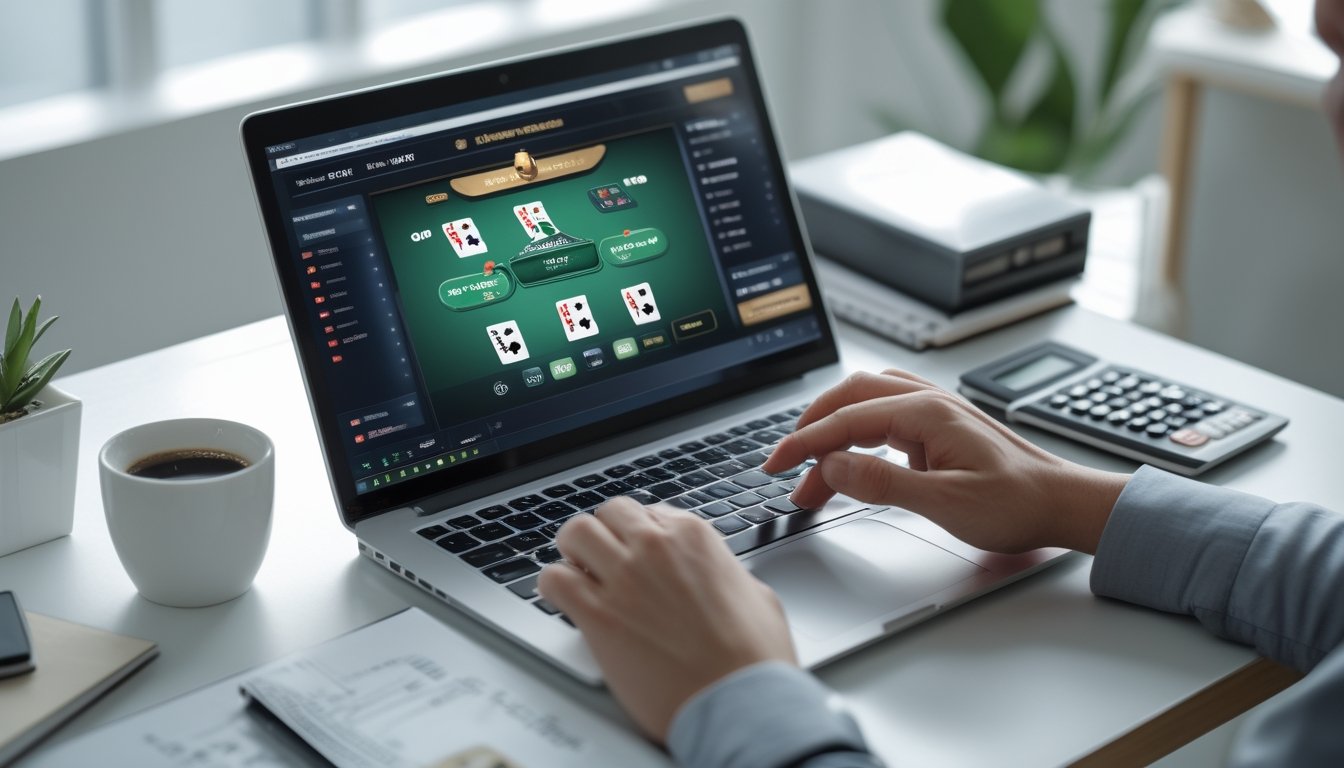 Seseorang menggunakan laptop dan ponsel untuk bermain poker online dan melihat notifikasi bonus cashback di meja kerja yang rapi.