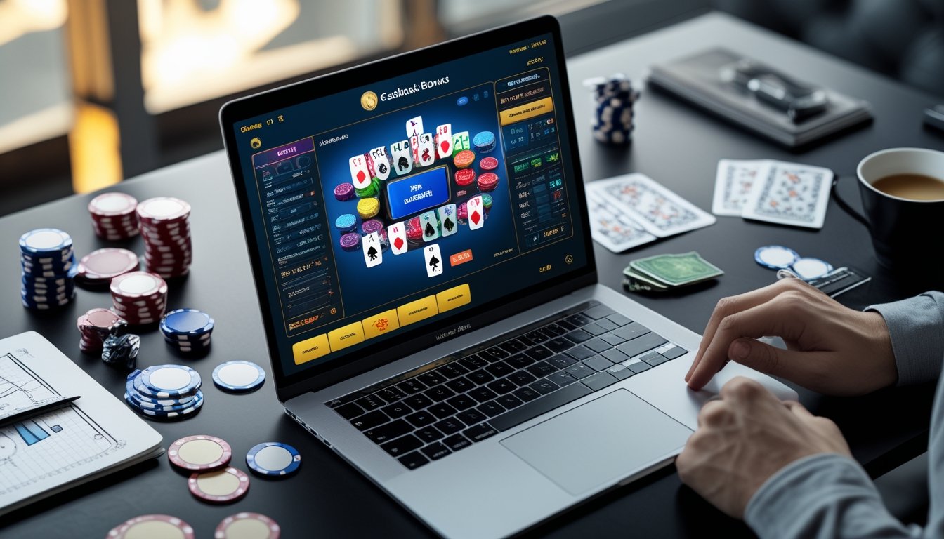 Seorang pemain poker online sedang menggunakan laptop dengan tumpukan chip poker dan kartu bermain di meja kerja.