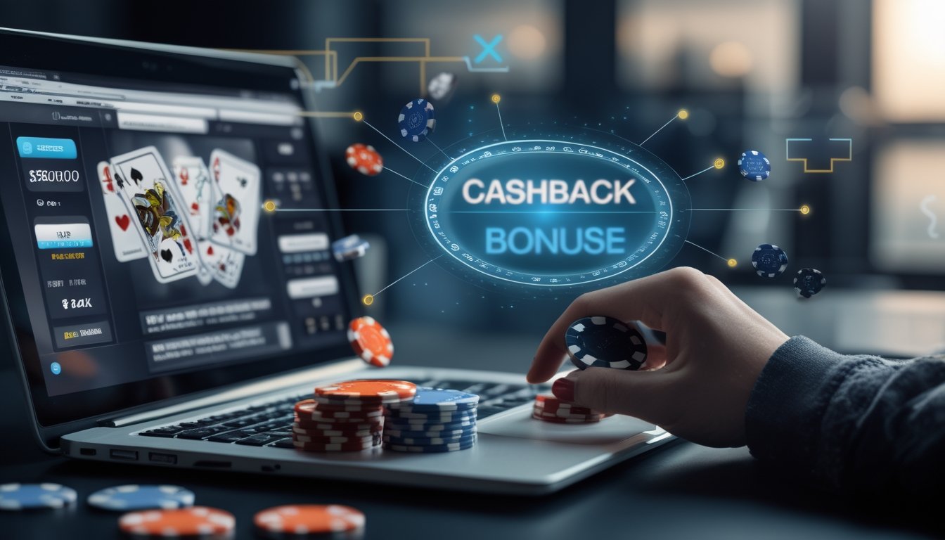 Seorang pemain poker online menggunakan laptop dengan kartu dan chip poker di meja, menunjukkan suasana permainan dan strategi kemenangan.