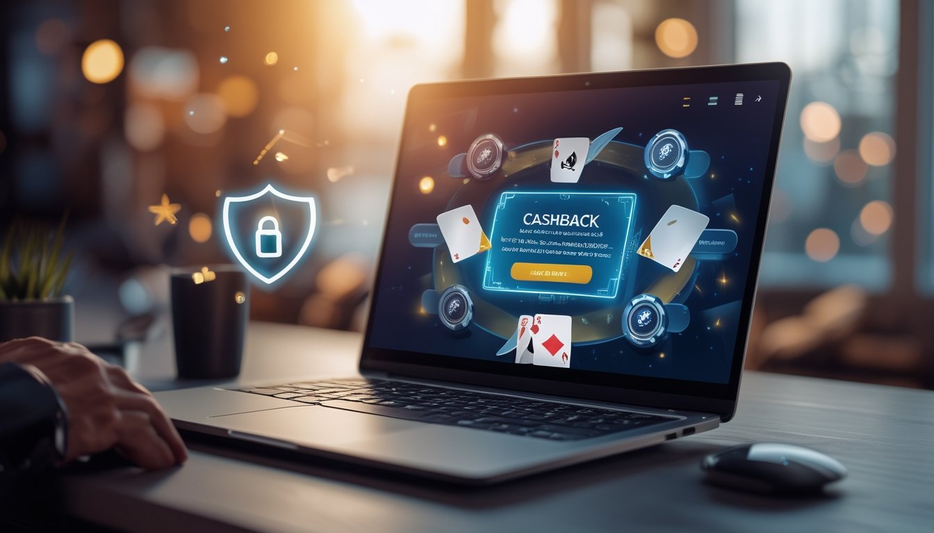 Seseorang menggunakan laptop dengan permainan poker online yang menampilkan chip poker dan kartu, dikelilingi simbol keamanan seperti gembok dan tanda centang.
