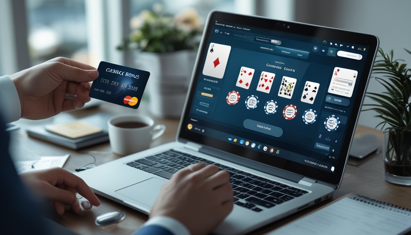 Sebuah laptop menampilkan permainan poker online dengan chip dan kartu, tangan memegang kartu kredit di dekatnya di atas meja kerja modern.