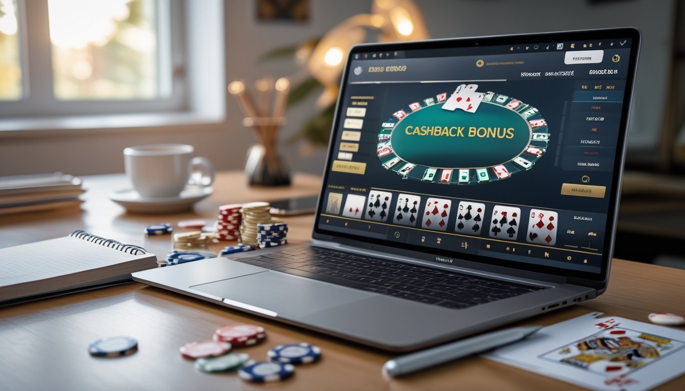 Meja kerja dengan laptop yang menampilkan permainan poker online, chip poker dan kartu bermain di sekitar, serta ponsel dengan notifikasi bonus cashback.