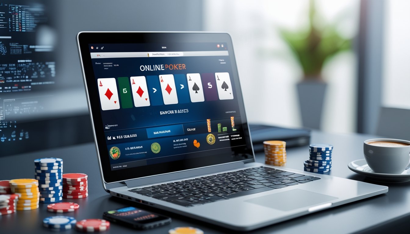 Seorang pengguna duduk di depan laptop dengan tampilan permainan poker online, dikelilingi oleh chip poker dan ponsel yang menampilkan notifikasi bonus cashback.
