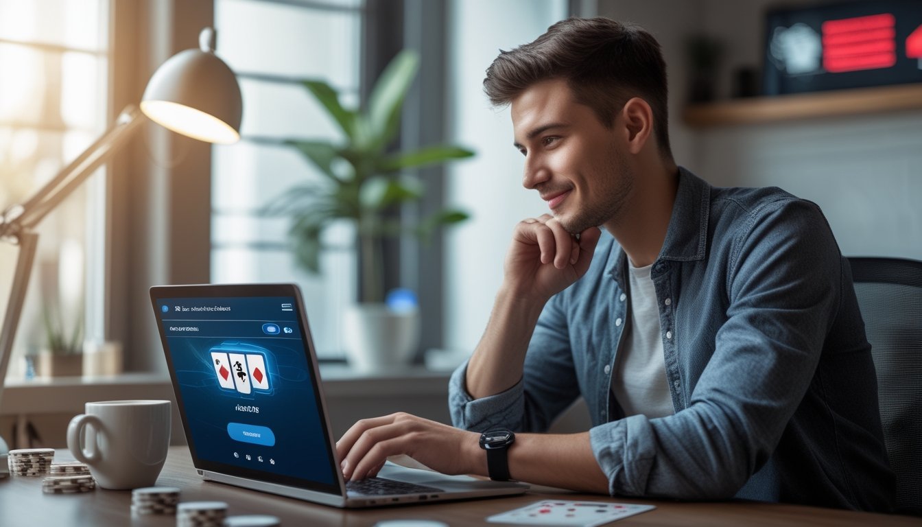 Seorang pria muda duduk di meja dengan laptop, chip poker, dan kartu bermain, terlihat fokus dan puas saat bermain poker online.