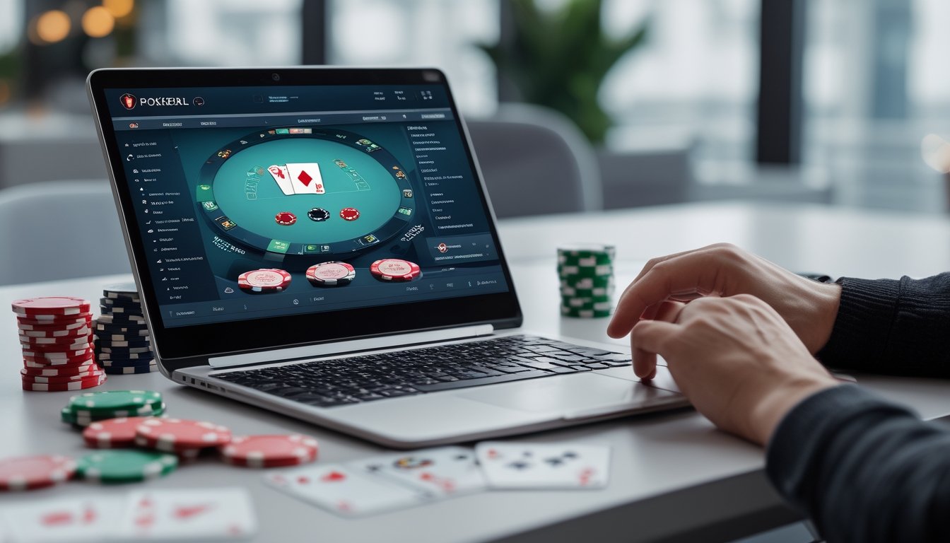 Meja kerja dengan laptop yang menampilkan permainan poker online, dikelilingi chip poker dan kartu bermain, dengan tangan seseorang yang sedang menggunakan laptop.
