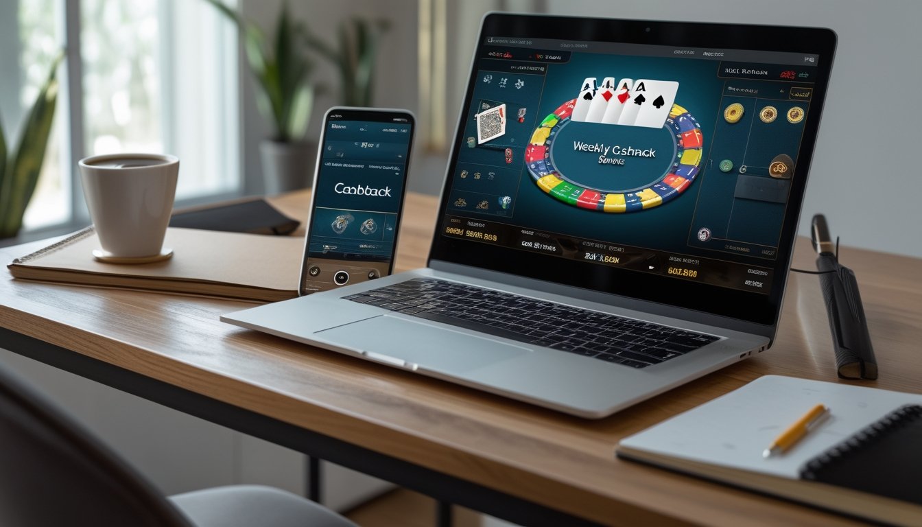 Sebuah ruang kerja rumah dengan laptop yang menampilkan permainan poker online dan ponsel yang menunjukkan notifikasi cashback, di atas meja kayu dengan secangkir kopi dan buku catatan.