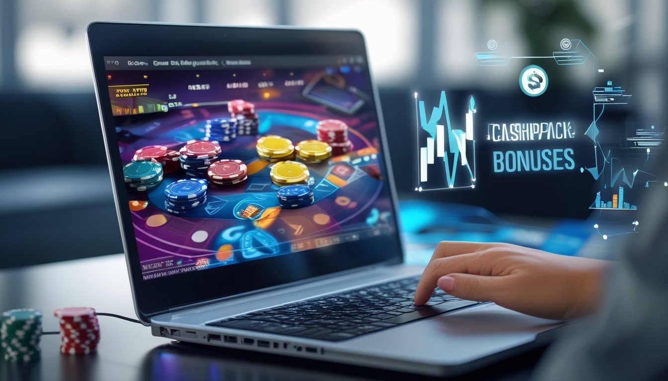 Seorang pengguna laptop sedang bermain poker online dengan tumpukan chip dan kartu terlihat di layar, menunjukkan aktivitas klaim bonus cashback.