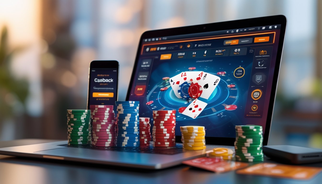 Sebuah laptop dengan permainan poker online di layar, dikelilingi tumpukan chip poker dan ponsel yang menampilkan notifikasi cashback.