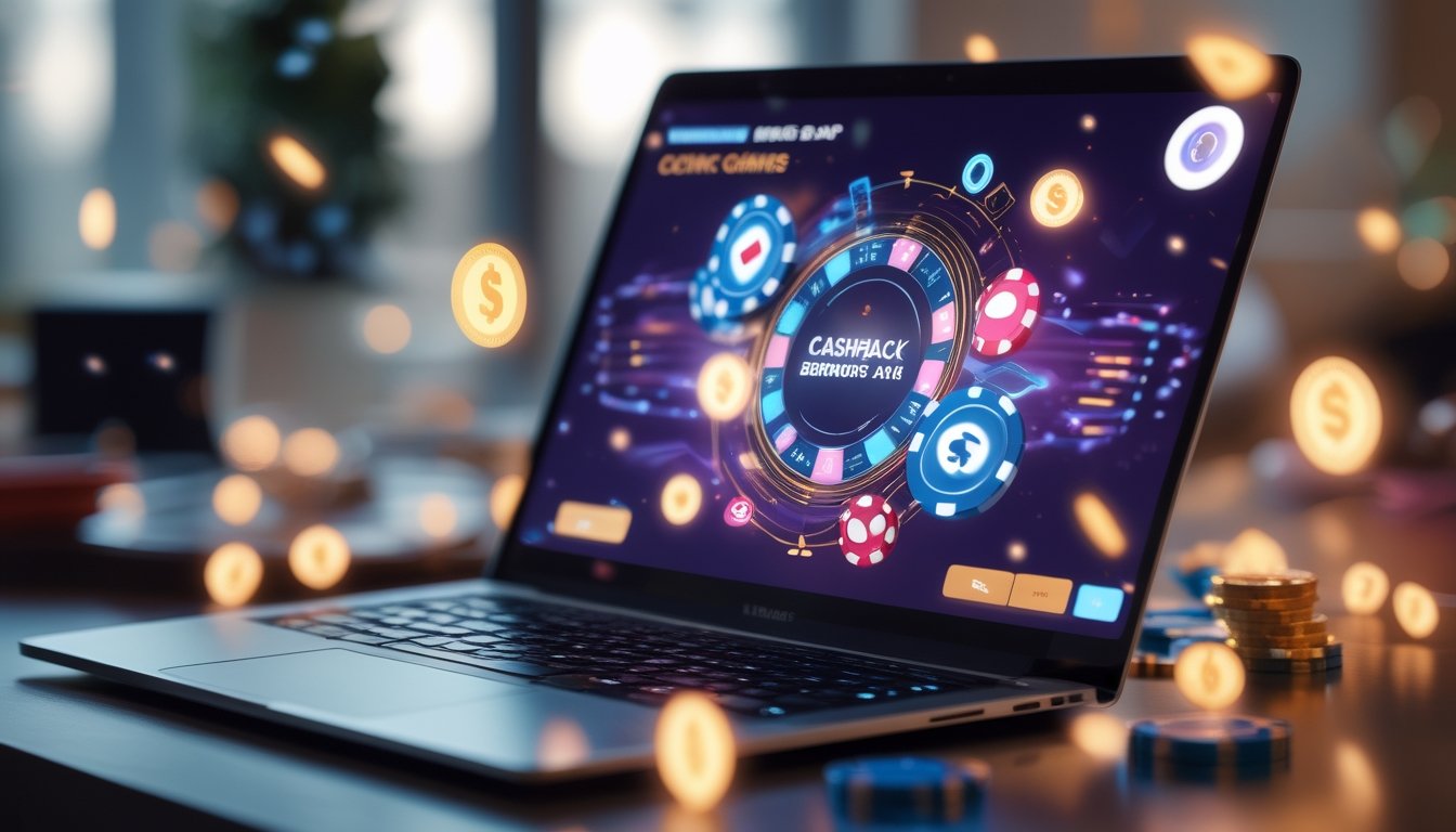 Sebuah meja dengan perangkat komputer yang menampilkan permainan poker online dan elemen visual yang menggambarkan bonus cashback.