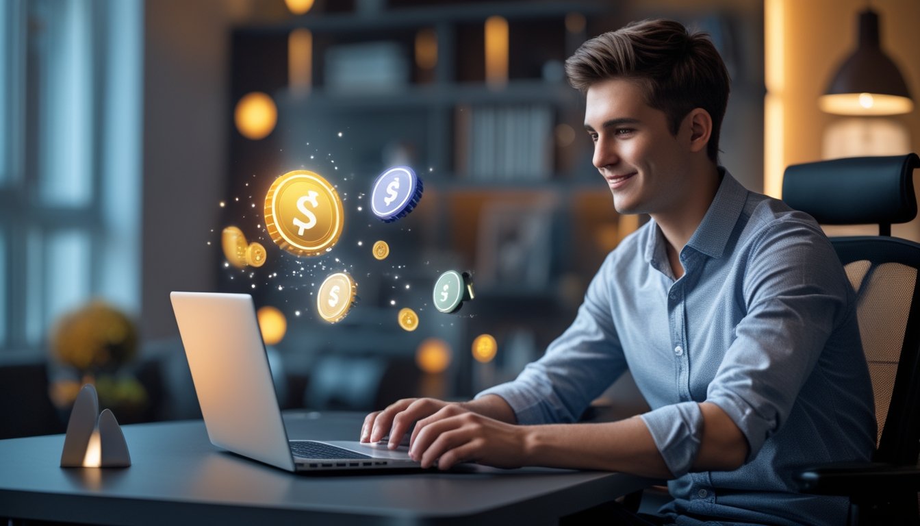 Seorang dewasa muda duduk di depan laptop di ruang kerja modern, bermain poker online dengan ekspresi fokus dan senyum tipis, dikelilingi oleh ikon digital yang melambangkan cashback dan hadiah.