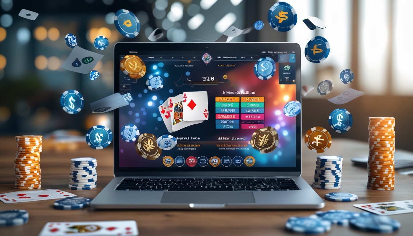 Seorang pemain poker online sedang menggunakan laptop dengan tumpukan chip poker dan kartu di meja.