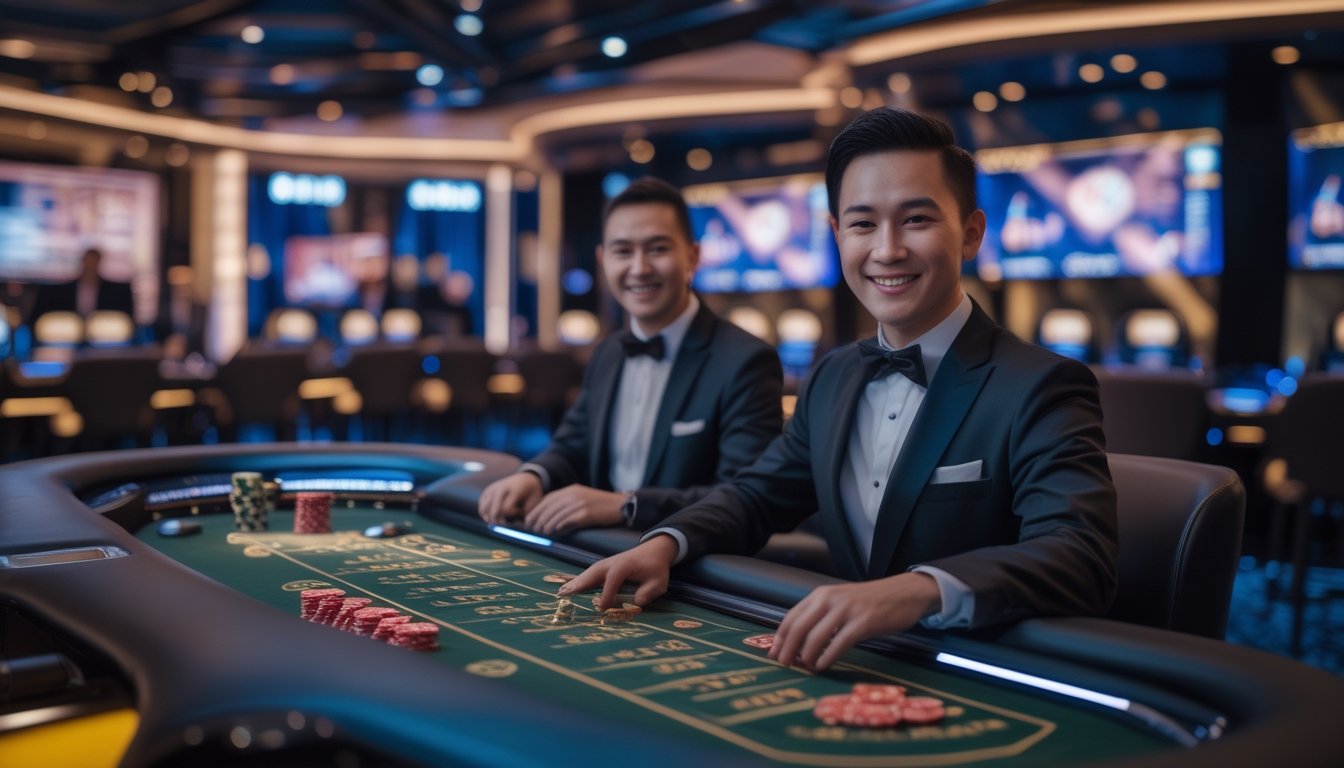 Seorang dealer kasino profesional sedang melayani pemain di meja kasino dengan kartu dan chip, di dalam ruangan kasino yang mewah dan modern.
