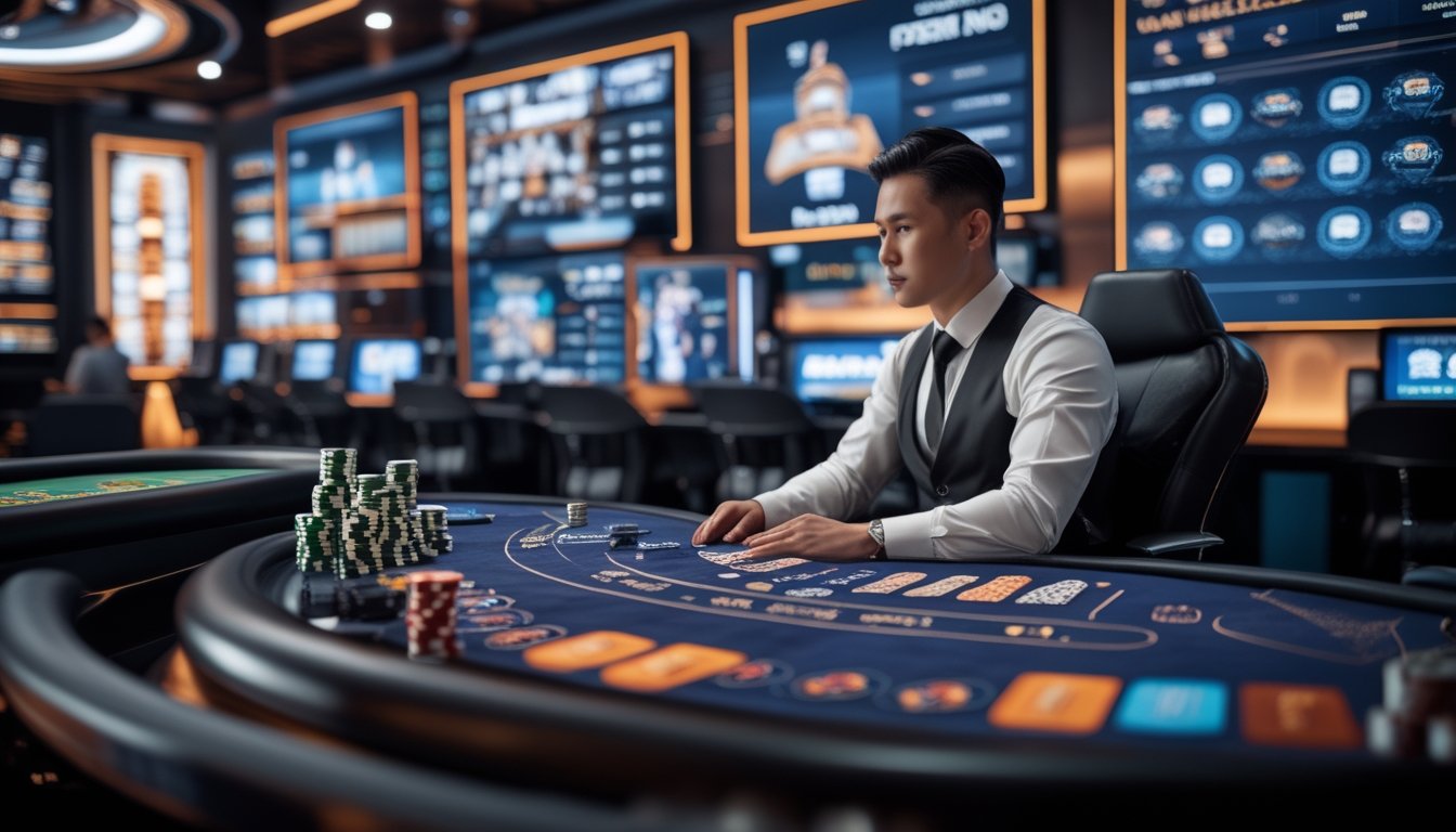 Seorang dealer casino profesional duduk di meja permainan dengan kartu dan chip, di studio live casino online modern dengan layar menampilkan permainan casino secara real-time.
