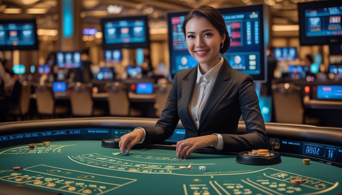 Seorang dealer wanita profesional di meja kasino langsung dengan layar pemain dan suasana kasino mewah di latar belakang.