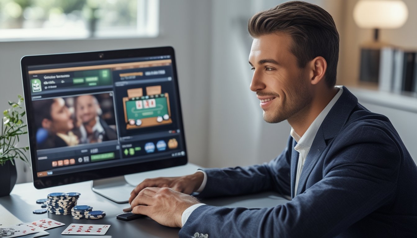 Seorang pria muda duduk di meja dengan laptop, bermain live casino online dengan dealer nyata di layar, di ruang kerja yang terang dan rapi.