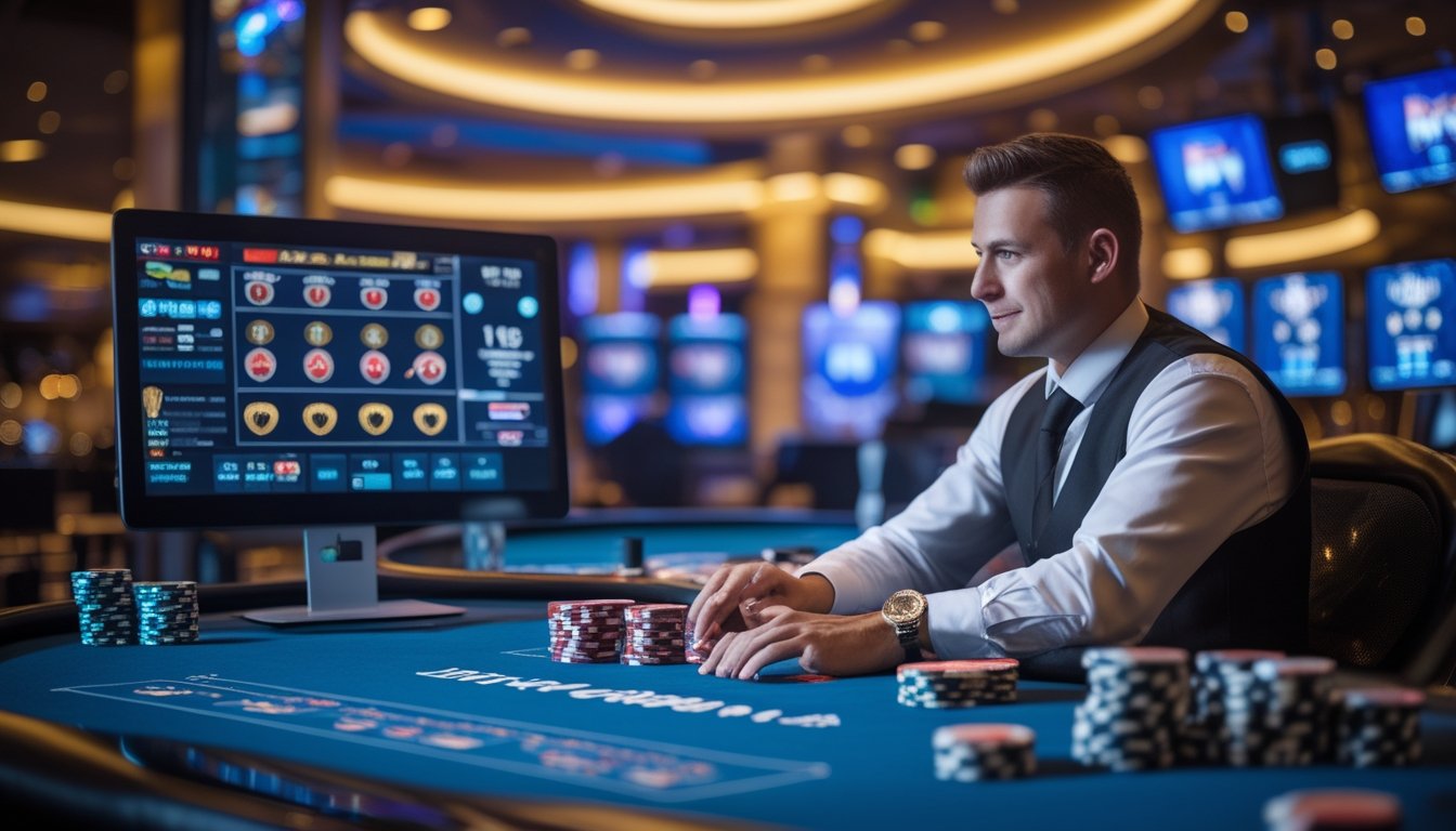 Seorang dealer kasino nyata sedang melayani pemain di meja permainan dengan suasana kasino yang hidup dan modern.