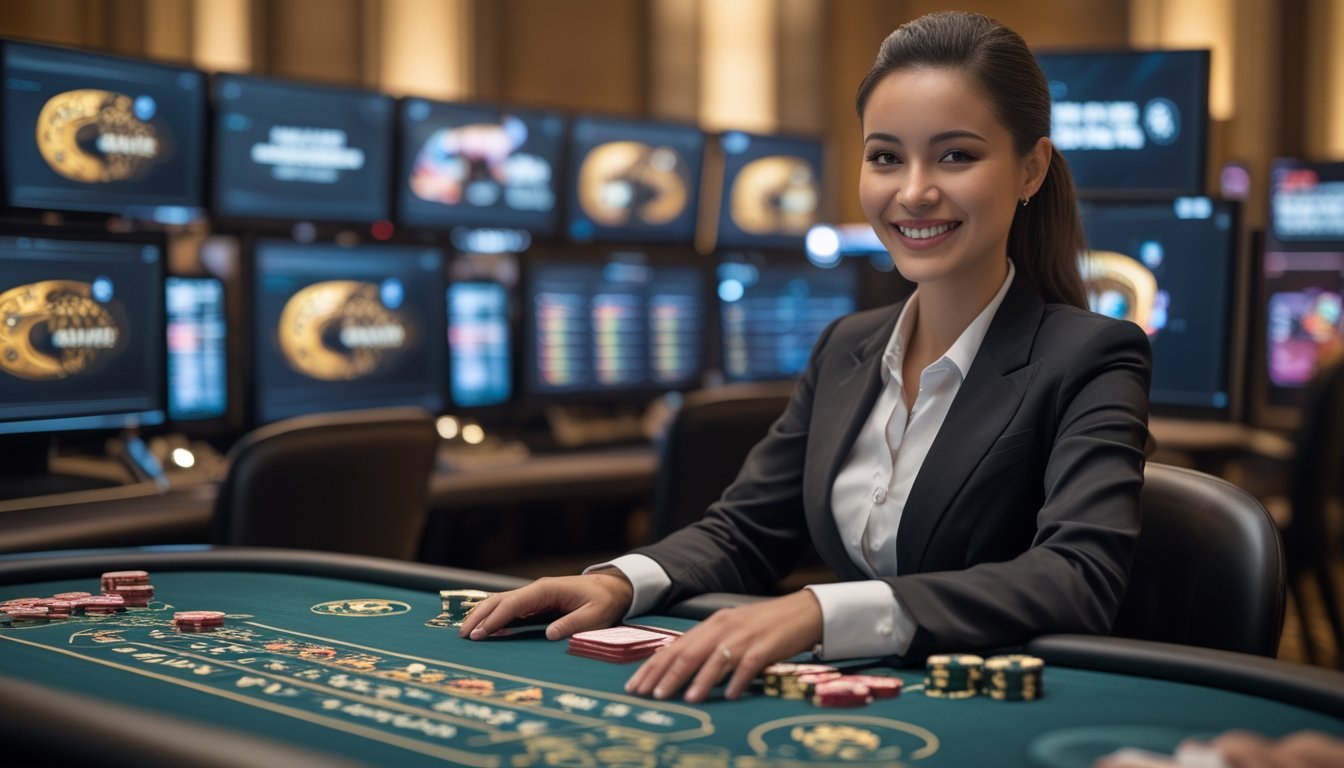 Seorang dealer profesional duduk di meja kasino dengan kartu dan chip, di latar belakang terdapat monitor komputer yang menampilkan permainan kasino langsung.