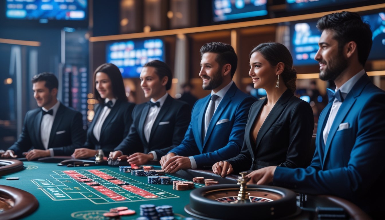 Seorang dealer profesional di meja kasino langsung dengan peralatan streaming dan pemain yang berinteraksi dalam suasana kasino modern.