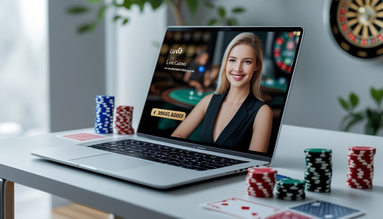 Seorang wanita dealer kasino langsung sedang berinteraksi melalui komputer di meja yang rapi dengan chip poker dan kartu remi di sekitar, menggambarkan pengalaman bermain kasino online secara langsung.