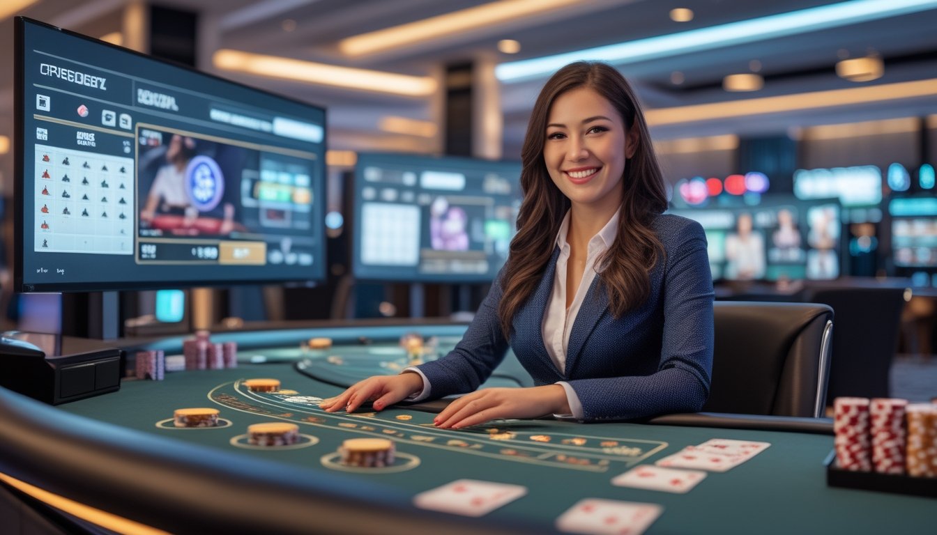 Seorang dealer wanita duduk di meja kasino dengan kartu dan chip, dikelilingi layar yang menampilkan permainan kasino langsung.