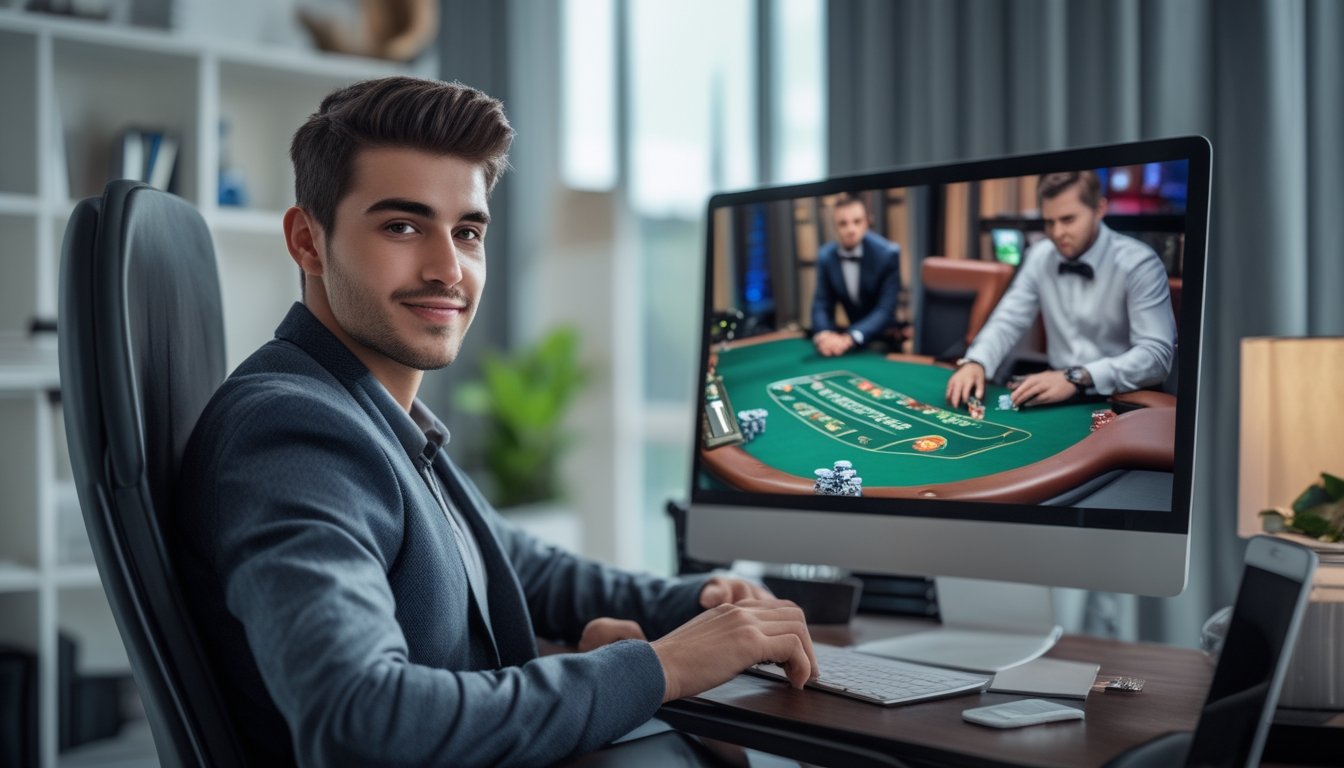 Seorang pria muda bermain kasino langsung online dengan dealer nyata di layar komputer di ruang kerja modern.