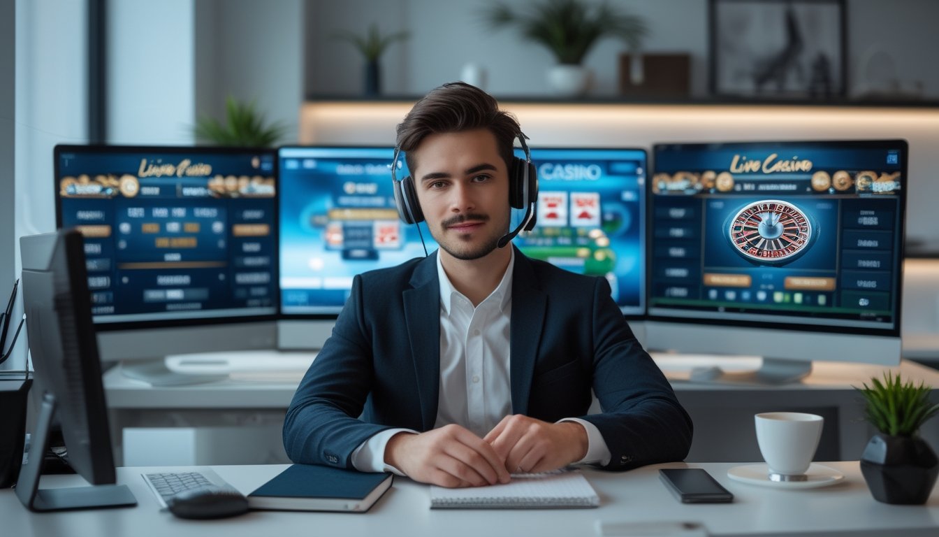 Seorang pria muda duduk di depan komputer dengan tampilan permainan kasino langsung, terlihat fokus dan strategis dalam bermain kasino online.