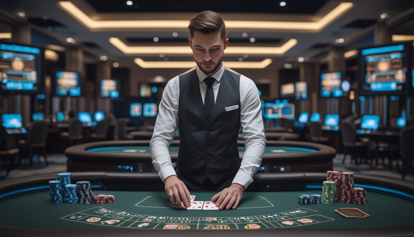 Seorang dealer nyata sedang mengelola meja permainan di kasino langsung dengan suasana profesional dan peralatan kasino di sekitarnya.
