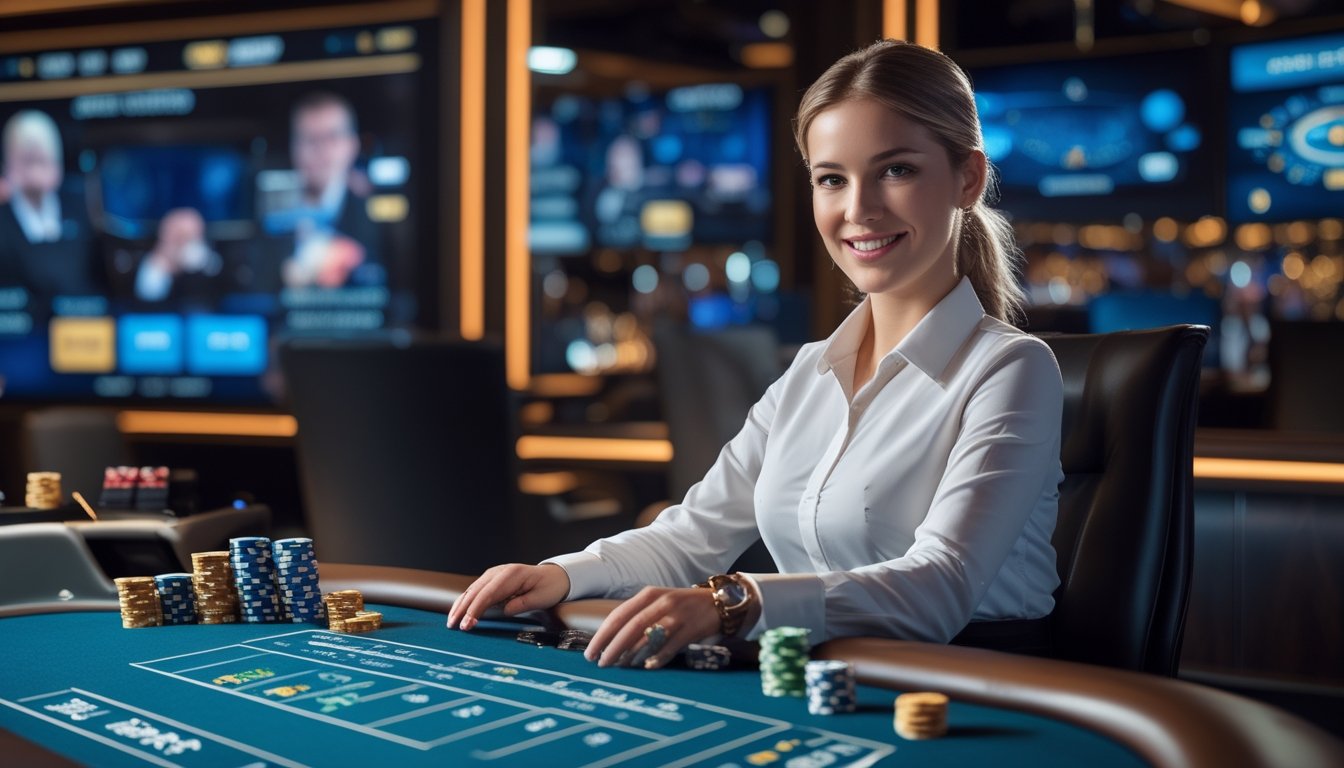 Seorang dealer kasino nyata sedang berinteraksi dengan pemain di meja kasino modern dengan layar streaming langsung di latar belakang.