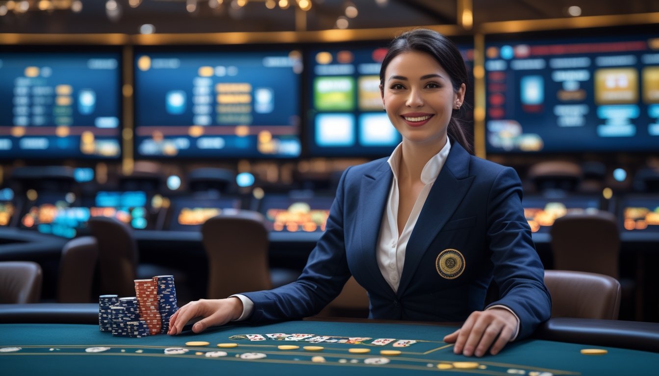 Seorang dealer kasino nyata duduk di meja kasino dengan kartu dan chip, di latar belakang layar menampilkan permainan kasino langsung.