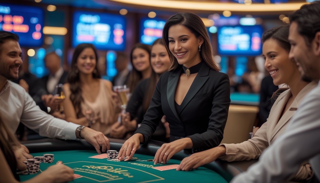 Seorang dealer wanita profesional sedang membagikan kartu di meja kasino dengan beberapa pemain yang antusias di sekitarnya.