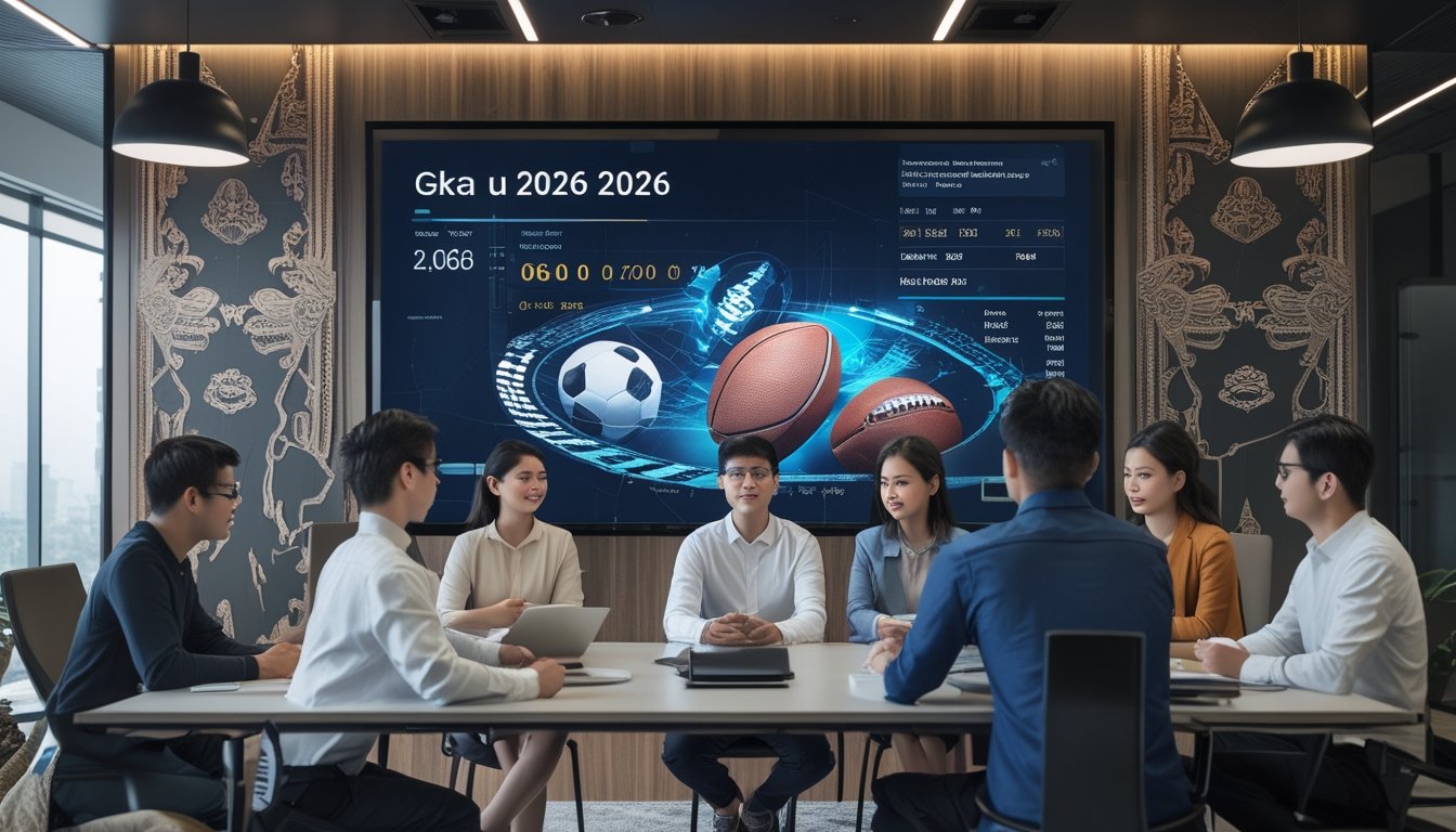 Sekelompok profesional muda berdiskusi di kantor modern dengan layar digital menampilkan grafik terkait taruhan bola.